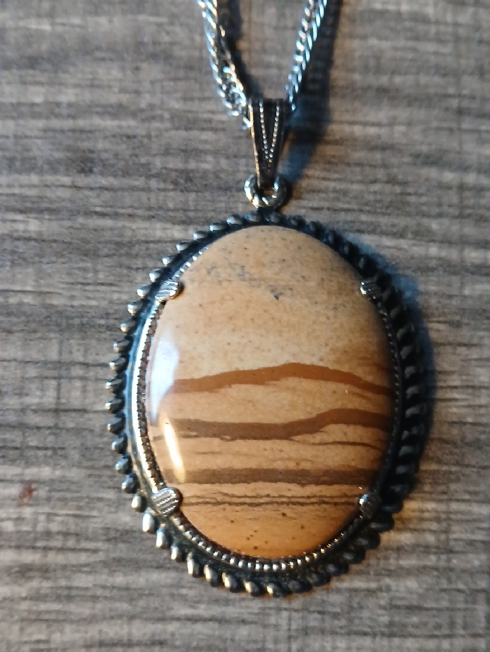 Beige Brown Striped Oval Stone Pendant Necklace - Women Jewelry